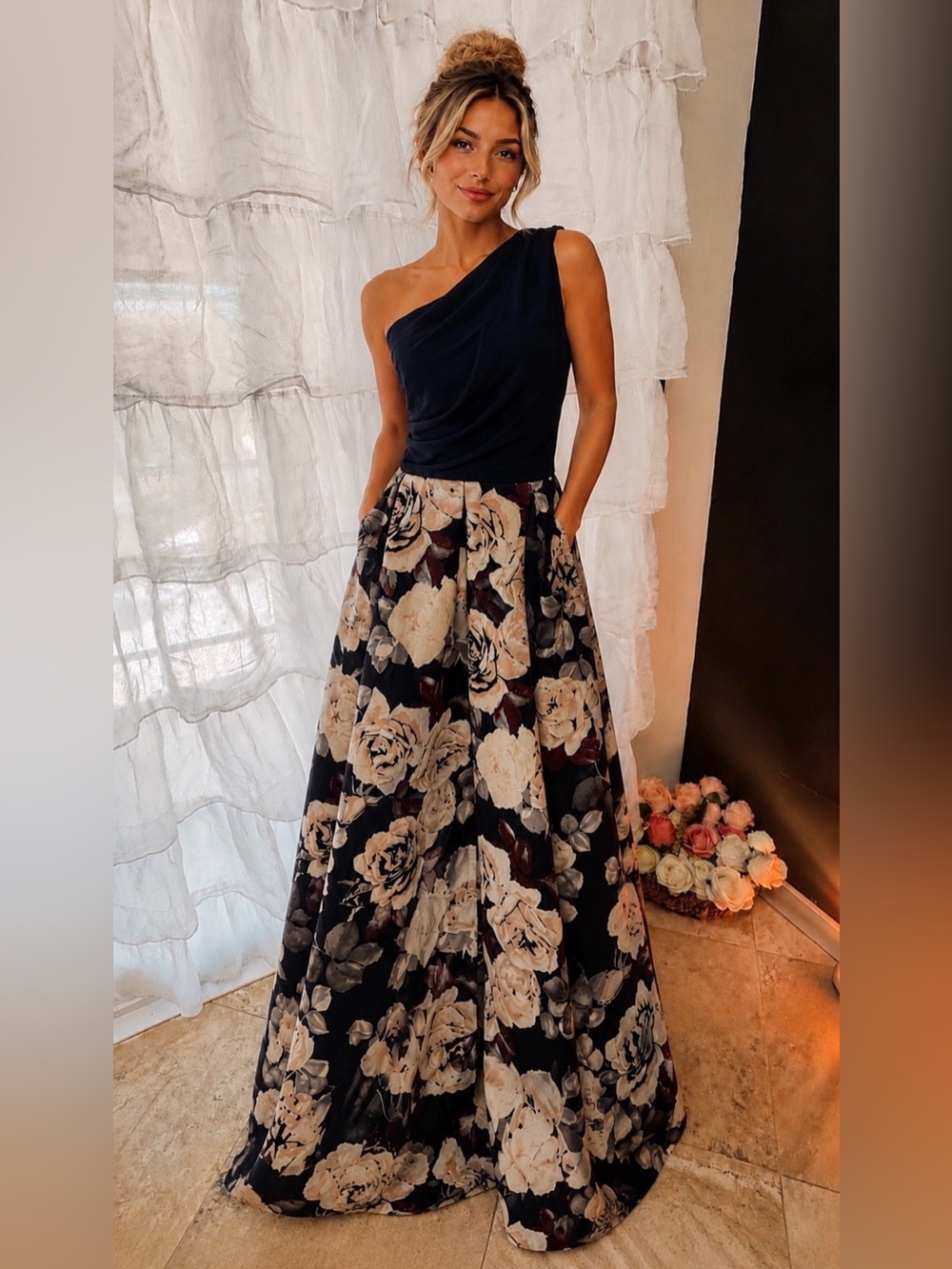 Betsy & Adam One Shoulder Floral Gown Size 16W